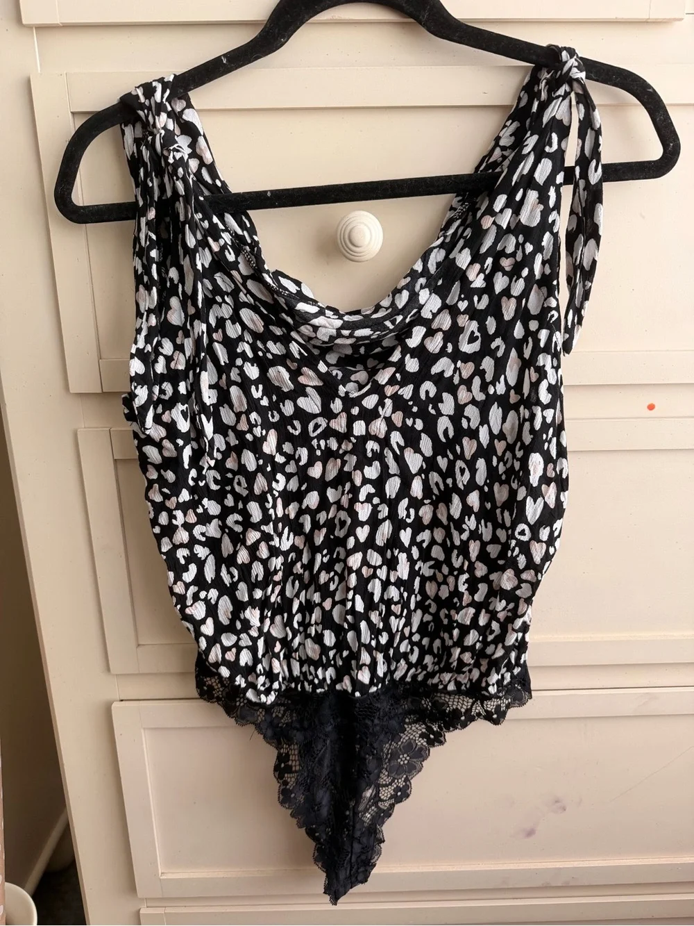 Free People Black, White & Cream Leopard-Print Lace-Trim Bodysuit